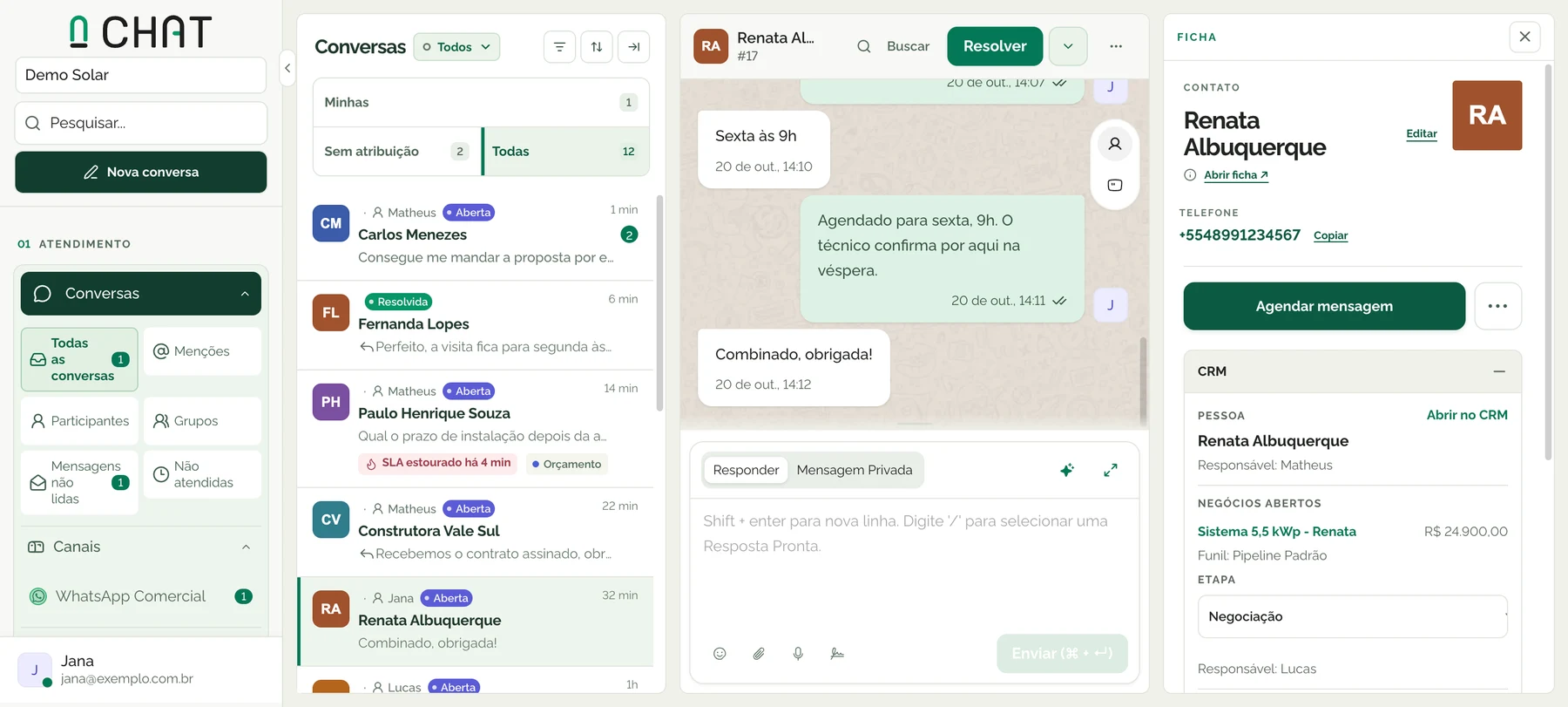 Arco Chat: conversas do WhatsApp com responsável, status e prazo
