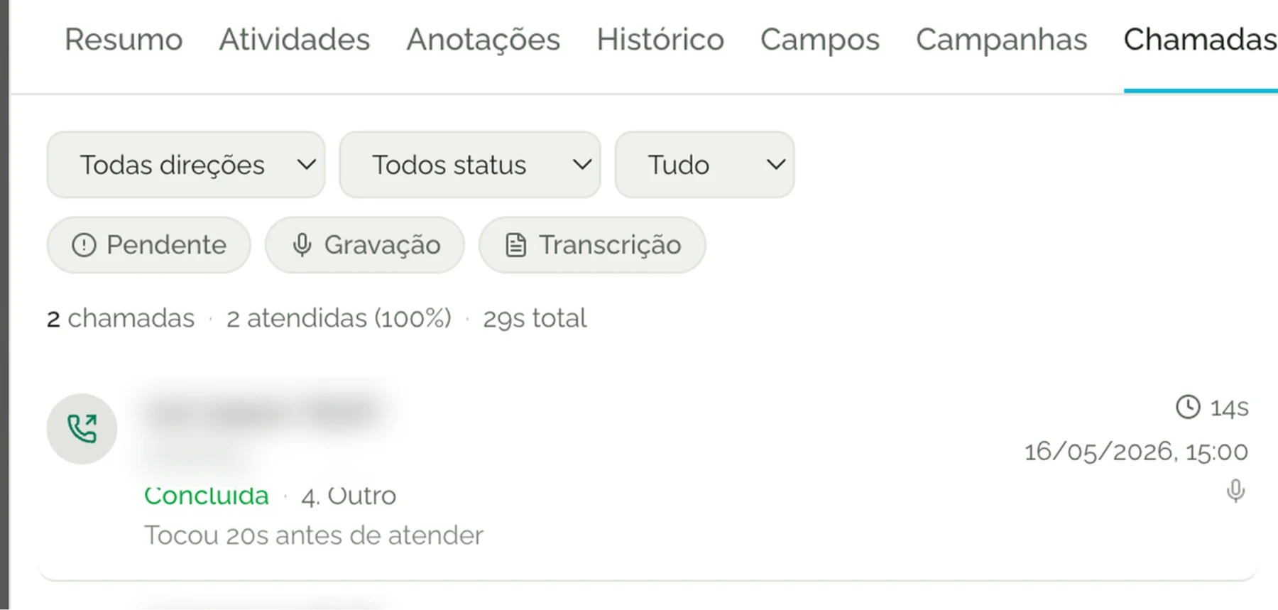 Ligações registradas no Arco CRM